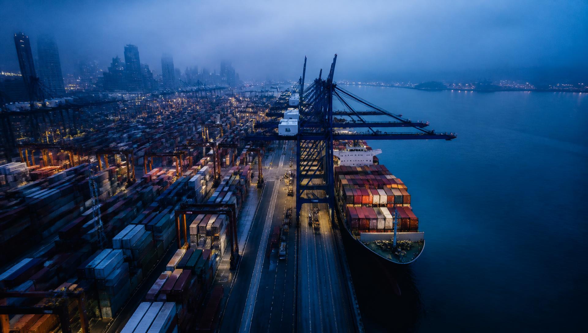 Container port at blue hour